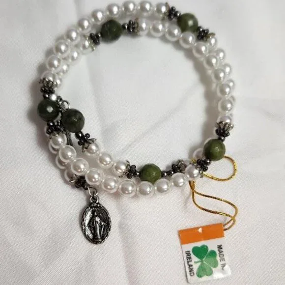 Connemara Marble Faux Pearl Coil Rosary Bracelet - Picture 3 of 5